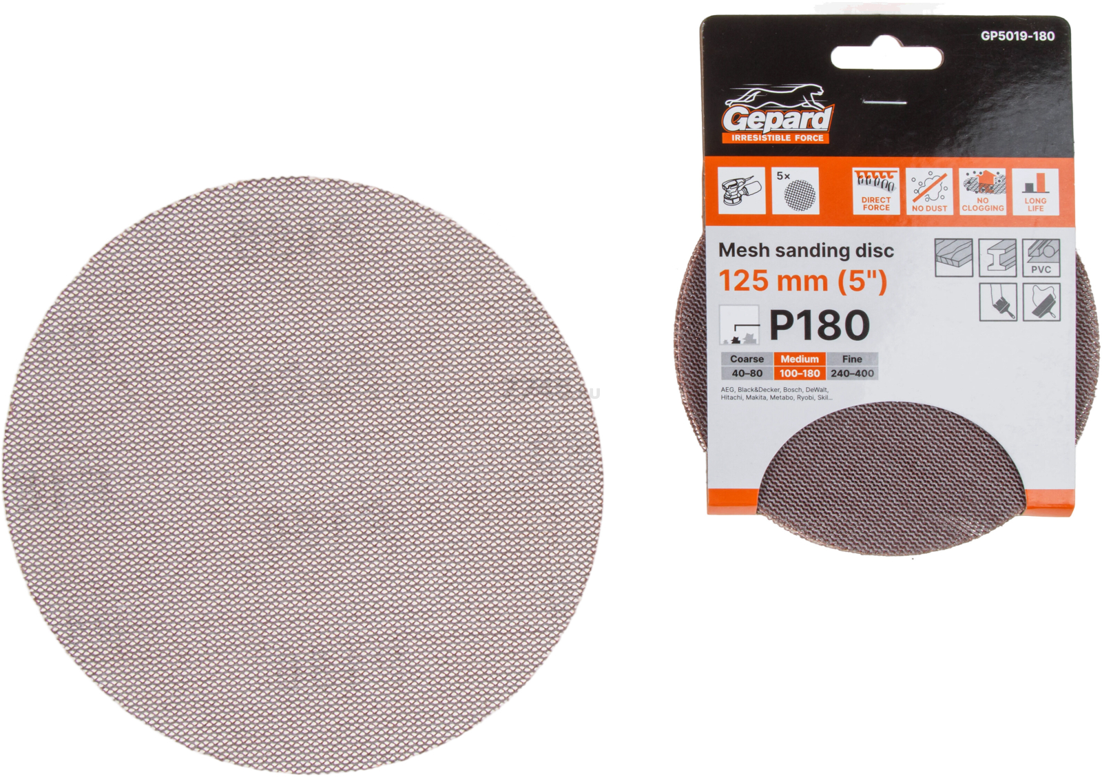 Шлифлист круглый самосцепляющийся 125 мм Р180 GEPARD 5 штук (GP5019-180)