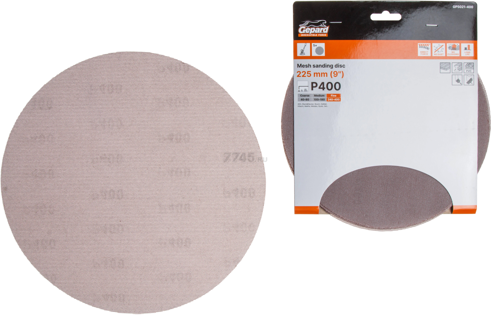 Шлифлист круглый самосцепляющийся 225 мм Р400 GEPARD 5 штук (GP5021-400)