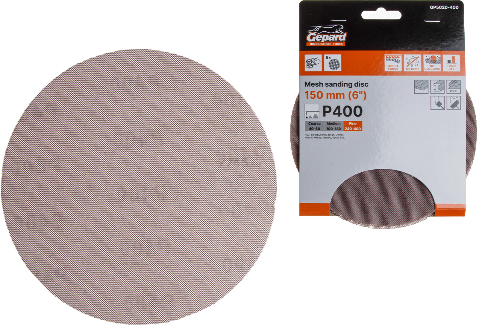 Шлифлист круглый самосцепляющийся 150 мм Р400 GEPARD 5 штук (GP5020-400)
