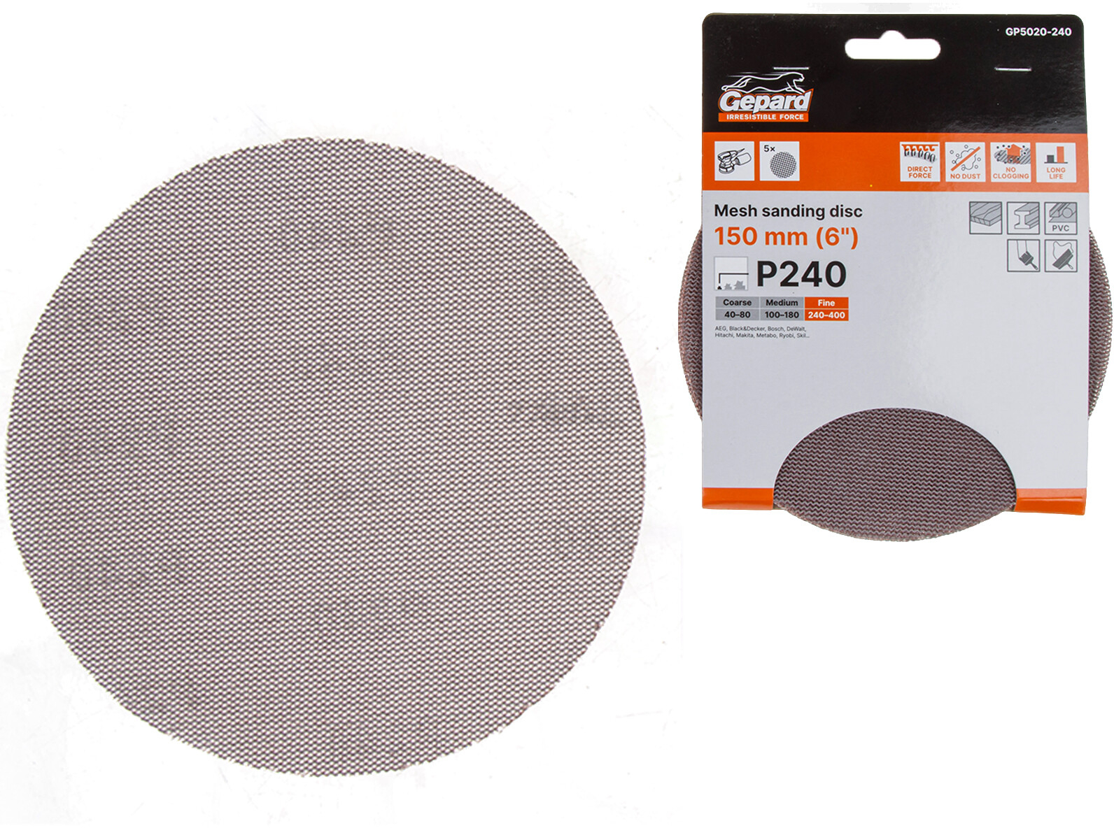 Шлифлист круглый самосцепляющийся 150 мм Р240 GEPARD 5 штук (GP5020-240)