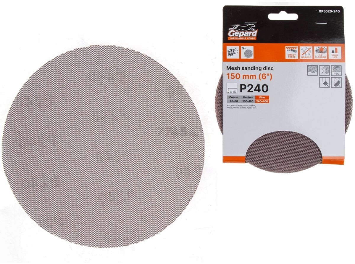 Шлифлист круглый самосцепляющийся 150 мм Р240 GEPARD 5 штук (GP5020-240)