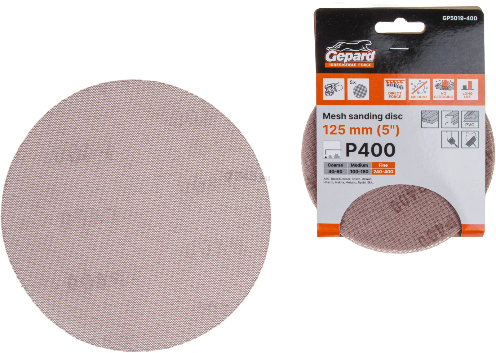 Шлифлист круглый самосцепляющийся 125 мм Р400 GEPARD 5 штук (GP5019-400)