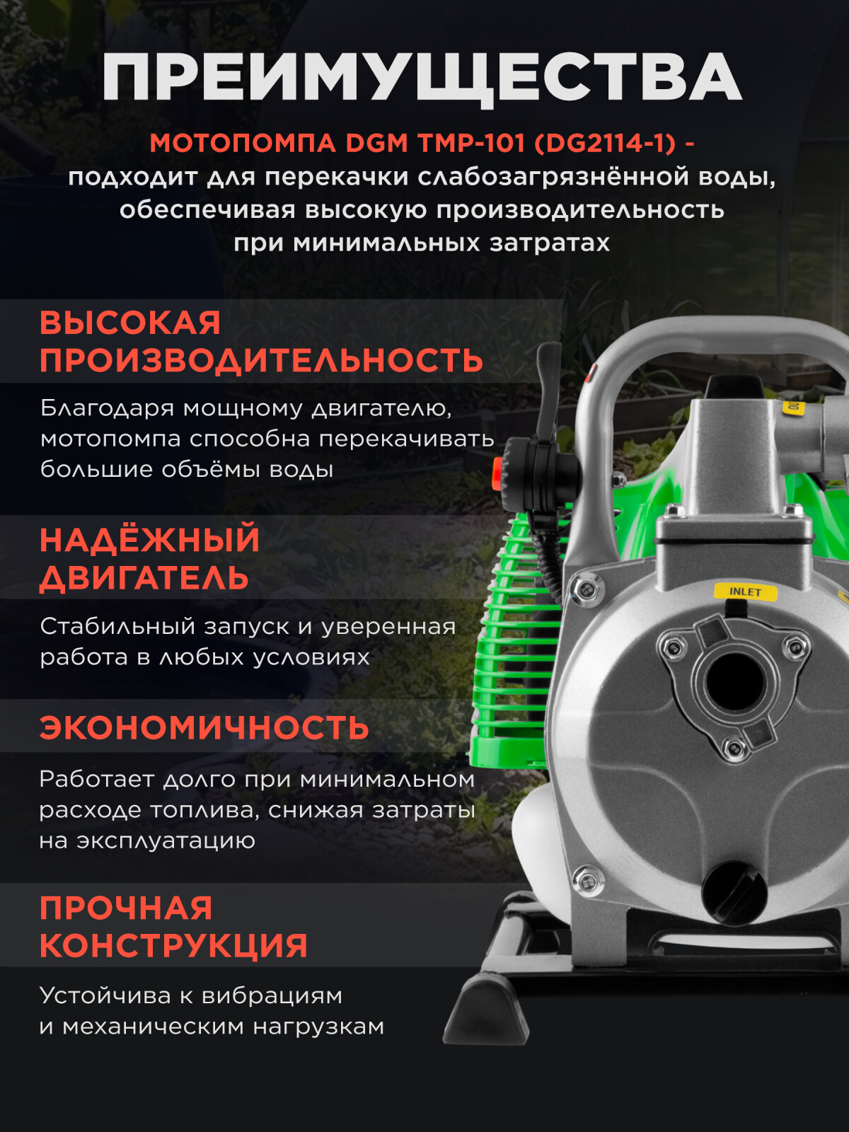 Мотопомпа бензиновая DGM TMP-101 (DG2114-1) - Фото 3