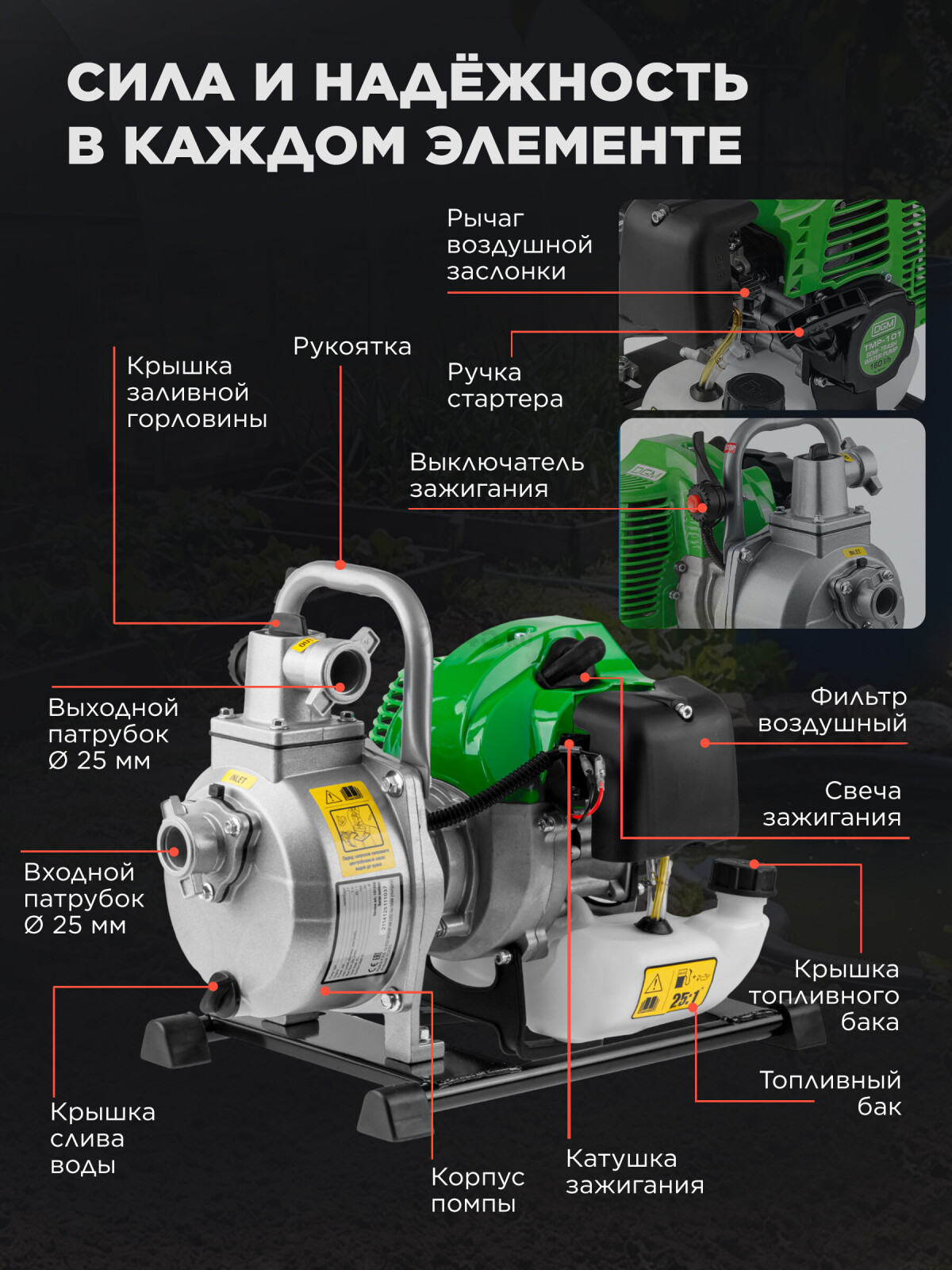 Мотопомпа бензиновая DGM TMP-101 (DG2114-1) - Фото 5