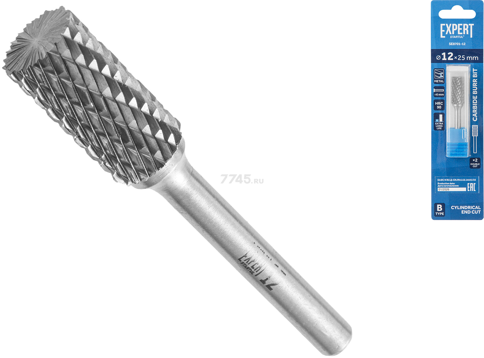 Борфреза твердосплавная цилиндрическая с торцом 12x25 мм STARTUL Expert тип B (SE8701-12)