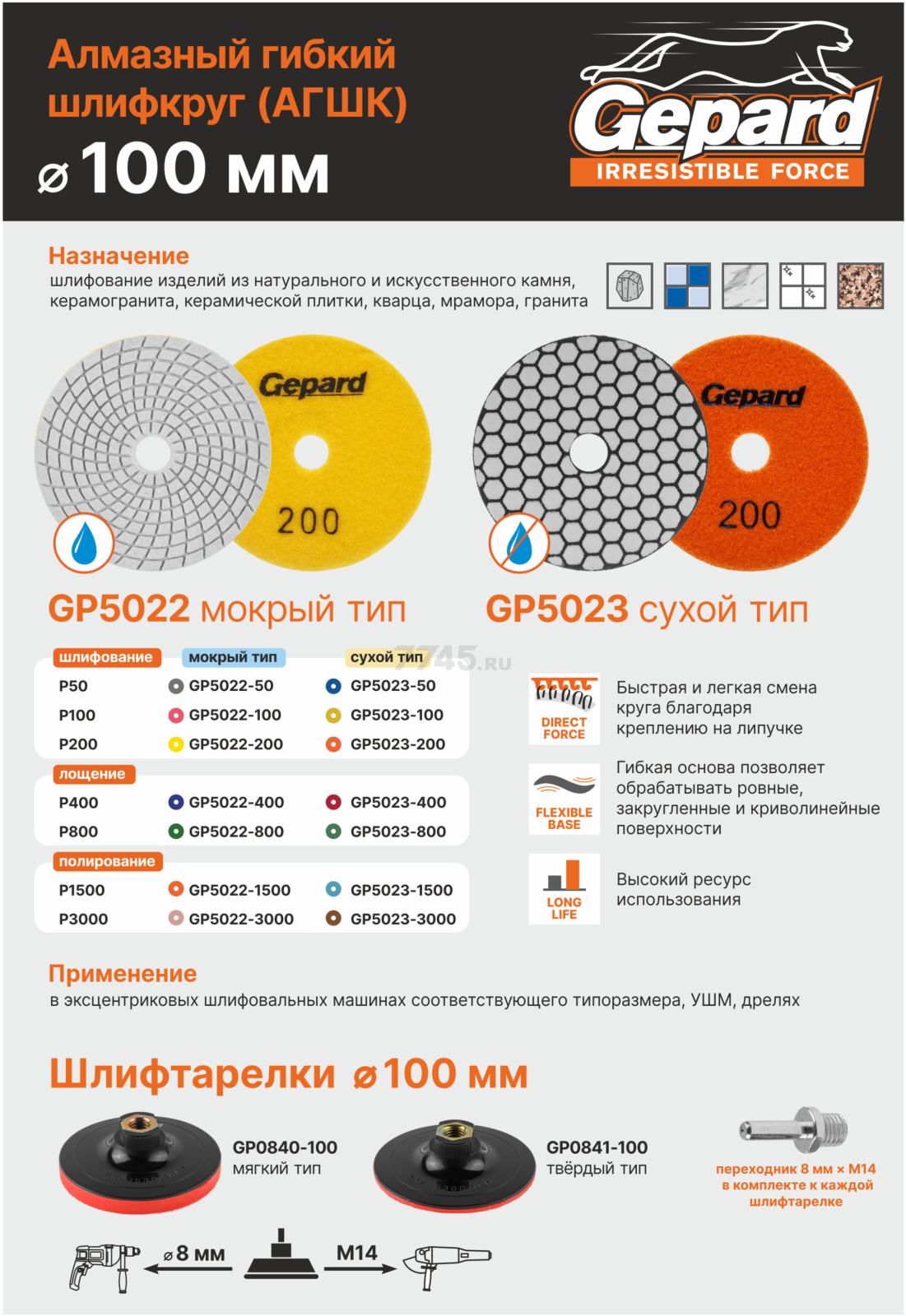 Тарелка опорная 100 мм М14/8 мм GEPARD мягкая (GP0840-100) - Фото 4