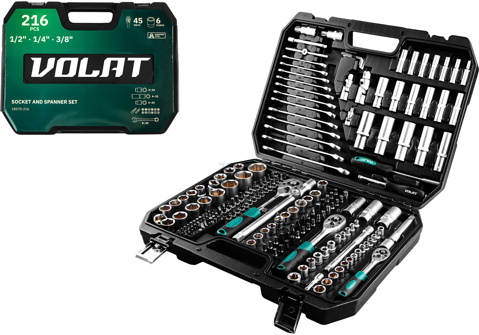 Набор инструментов 1/4", 3/8", 1/2" 6 граней 216 предметов ВОЛАТ (18570-216)