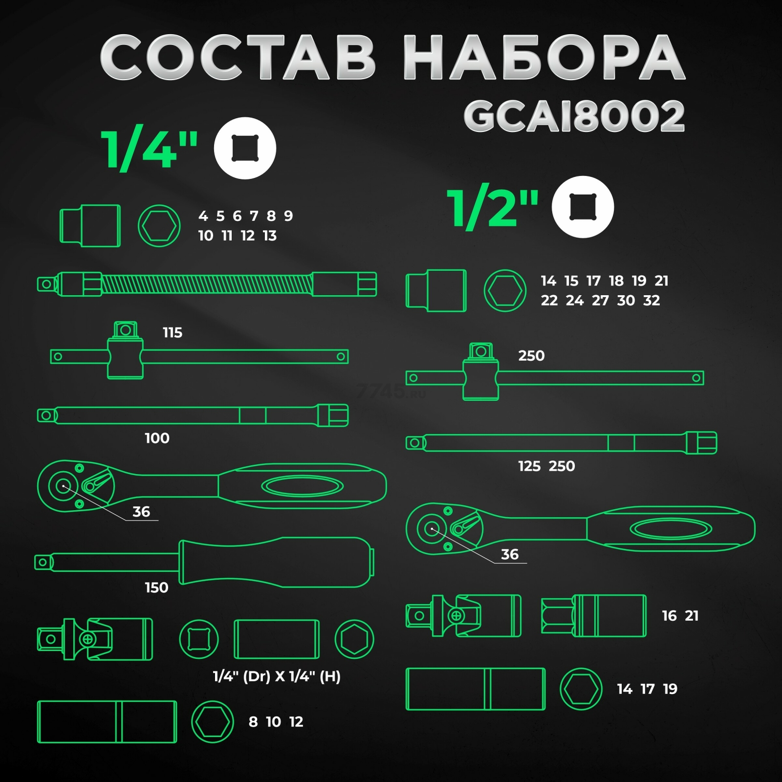 Набор инструментов 1/4", 1/2" 6 граней 80 предметов TOPTUL (GCAI8002) - Фото 3