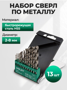 Набор сверл по металлу 1,5-6,5 мм 13 штук ВОЛАТ 