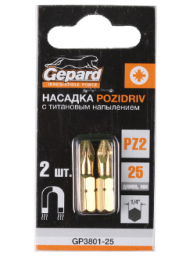 Бита для шуруповерта магнитная с титановым напылением PZ2 25 мм GEPARD 2 штуки 