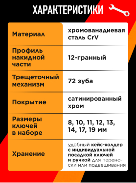 Набор ключей комбинированных с трещоткой 8-19 мм 8 предметов PRO STARTUL 