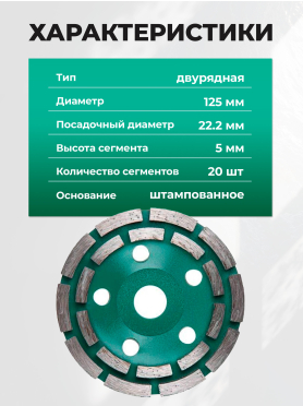 Чашка алмазная шлифовальная 125х22,2 мм двурядная ВОЛАТ 