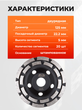 Чашка алмазная шлифовальная 125х22,2 мм двурядная GEPARD 