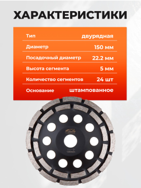 Чашка алмазная шлифовальная 150х22,2 мм двурядная GEPARD 