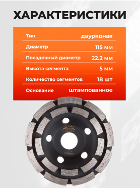 Чашка алмазная шлифовальная 115х22,2 мм двурядная GEPARD 