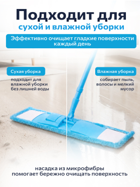 Швабра для пола PERFECTO LINEA Solid с насадкой из микрофибры голубая 