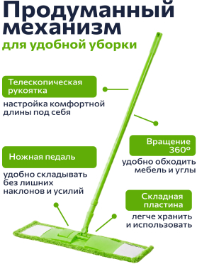 Швабра для пола PERFECTO LINEA Solid с насадкой из микрофибры зеленая 