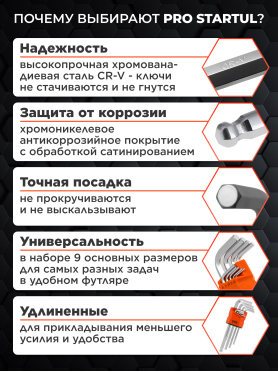Набор ключей шестигранных 1,5-10 мм 9 предметов длинных с шаром PRO STARTUL 