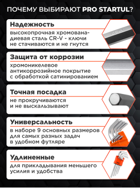 Набор ключей шестигранных 1,5-10 мм 9 предметов длинных PRO STARTUL 