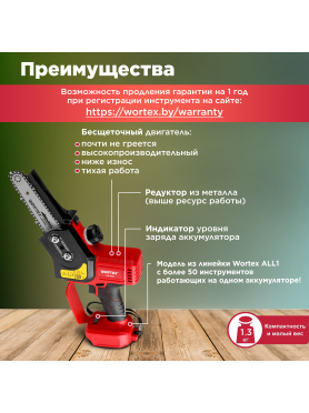 Пила цепная аккумуляторная WORTEX CEC 2518 ALL1