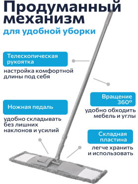 Швабра для пола PERFECTO LINEA Solid с насадкой из микрофибры серая 