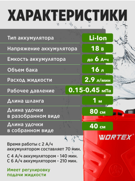 Опрыскиватель ранцевый аккумуляторный WORTEX KS 1680-1 Li XLT SOLO 