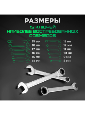 Набор ключей комбинированных 8-19 мм 12 предметов с трещоткой TOPTUL 