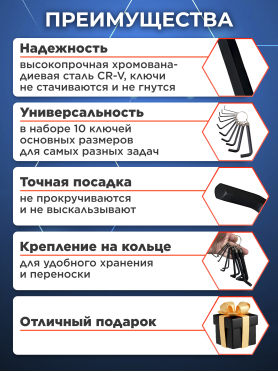 Набор ключей шестигранных 1,5-10 мм 10 предметов коротких ВОЛАТ 