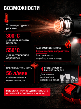 Фен строительный (термовоздуходувка) аккумуляторный WORTEX CHG 5518 ALL1 XLT SOLO 