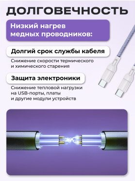 Кабель USB KEIZEN KZ-5289103, Type-C - Type-C, PD100W, 1 м, лиловый