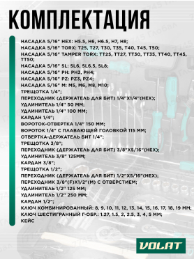 Набор инструментов 1/4", 3/8", 1/2" 6 граней 216 предметов ВОЛАТ 