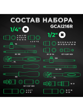 Набор инструментов 1/4", 3/8", 1/2" 6 граней 216 предметов TOPTUL 