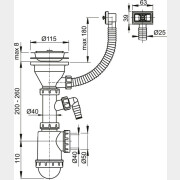 Сифон для кухни с нержавеющей peшeткой D115 гофропереливом и подводкой ALCAPLAST (A447P-DN50/40-RU)