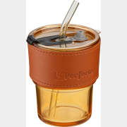Стакан стеклянный для напитков с трубочкой и капхолдером PERFECTO LINEA Amber 400 мл (31-400201)